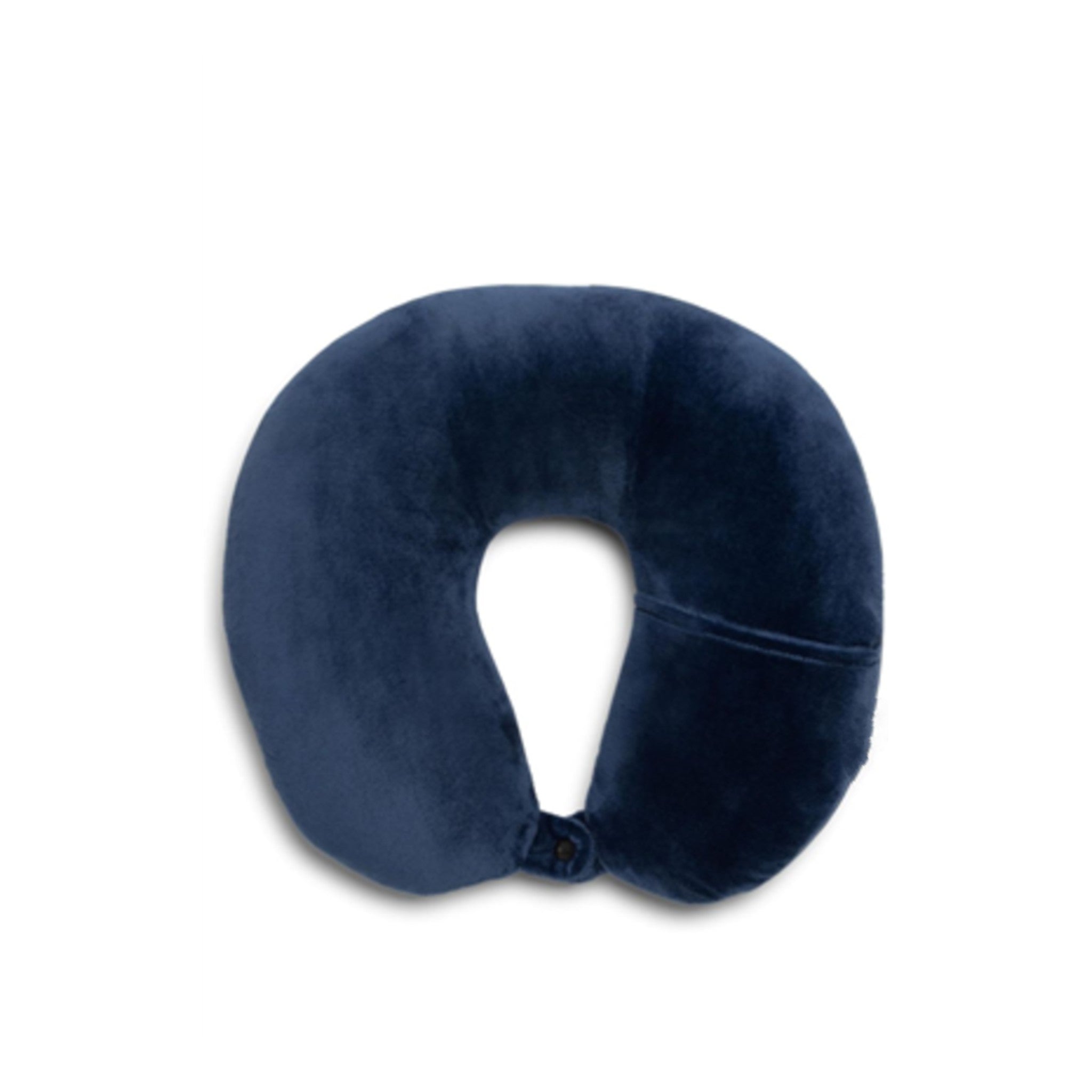 Soft memory foam travel neck pillows in navy blue – U-shaped ergonomic design with button clasp for support and comfort on flights and long journeys